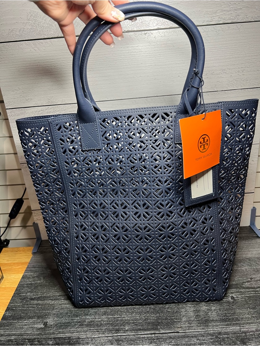 Tory Burch Navy Laser-Cut GWP Tote Bag